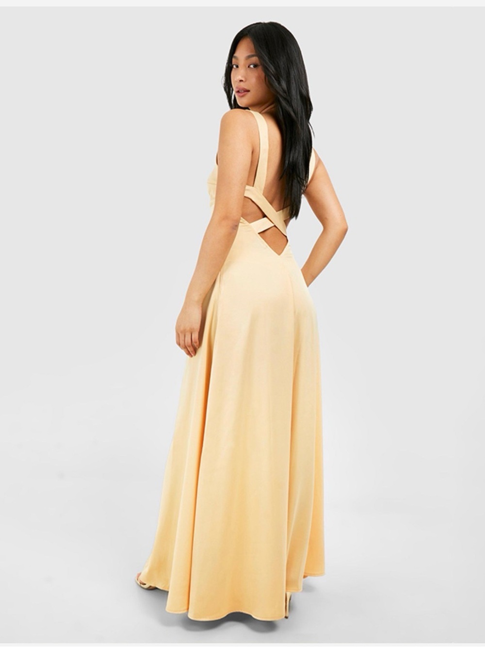 Boohoo Pale Yellow Backless Cross-Strap Maxi Dress- New With Tag